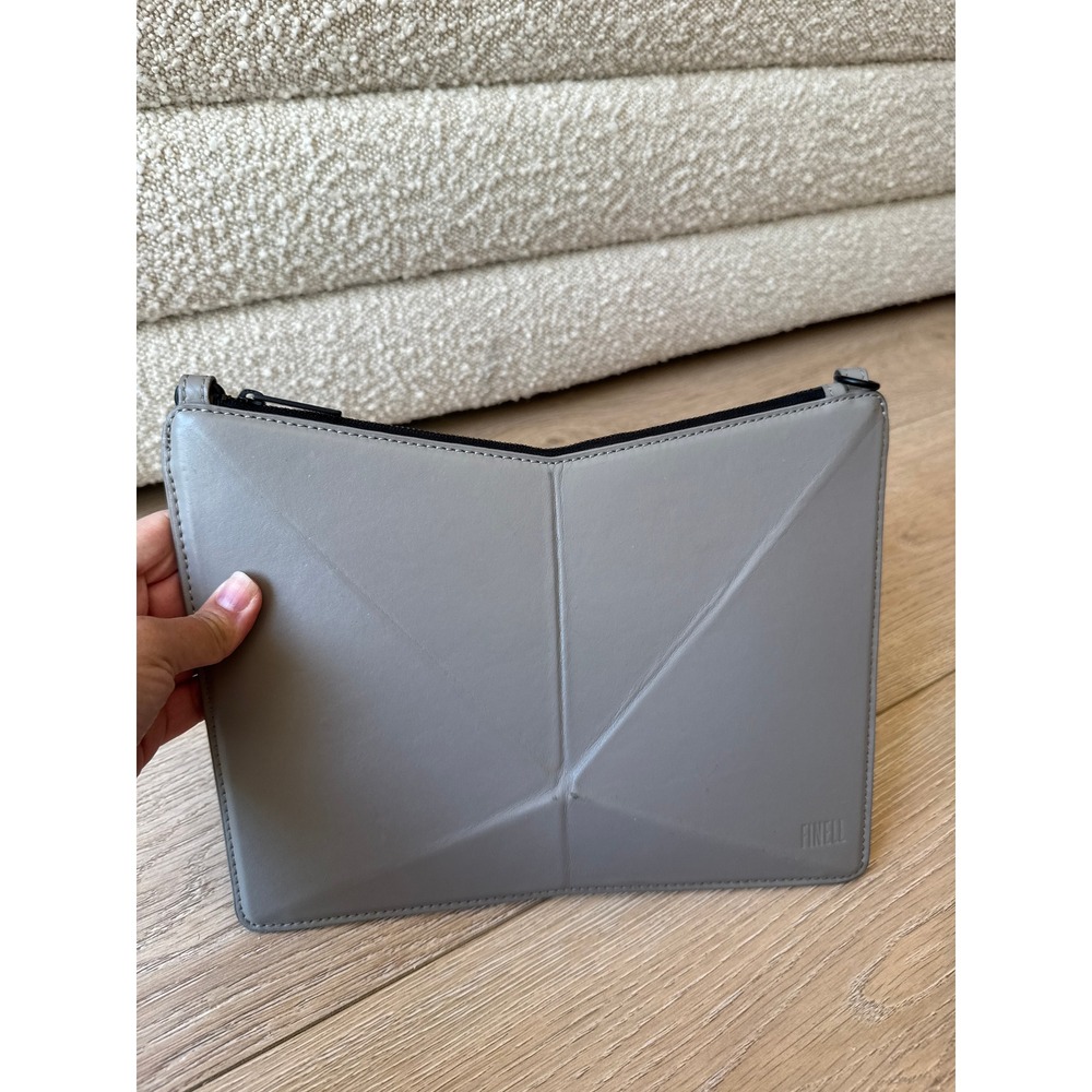 FINELL Grey Leather Origami Fold Zip Pouch Clutch Geometric Minimalist Bag